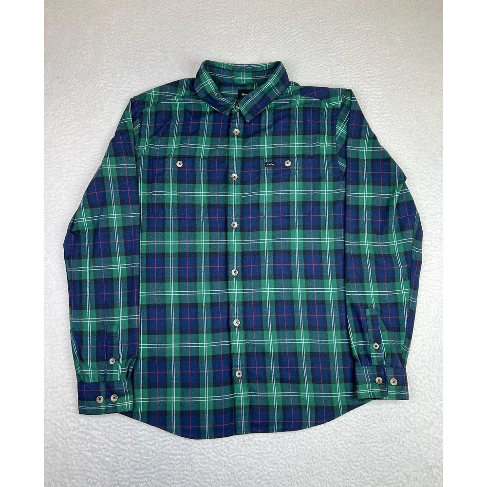 RVCA Mens Large Green Plaid Flannel Long‎ Sleeve Button Up Shirt MM501BON